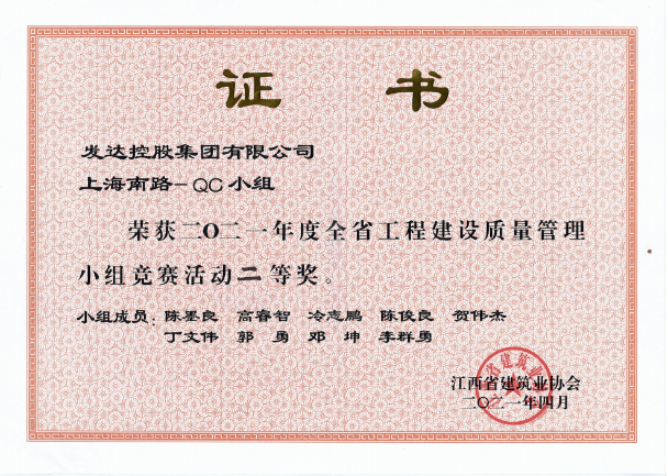 2021年度全省工程建設(shè)質(zhì)量管理小組競賽活動二等獎(jiǎng)（上海南路QC小組）